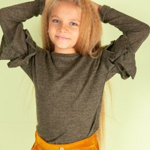 Wholesale Khaki girl blouse with flounces on sleeves