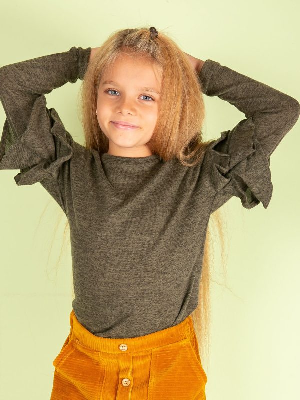 Wholesale Khaki girl blouse with flounces on sleeves