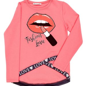 Wholesale Dark pink asymmetrical girl blouse with lip print