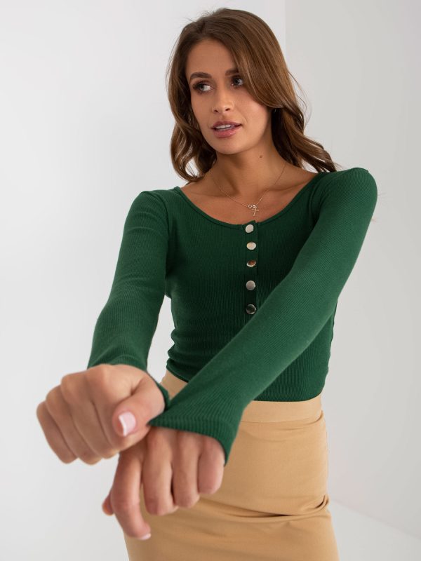 Wholesale Dark Green Fitted Basic Blouse with Bliss Stripe