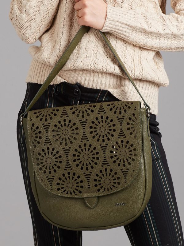 Wholesale Green leather bag with openwork flip