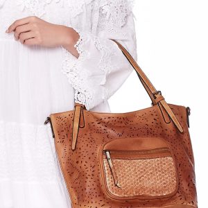 Wholesale Brown handbag with openwork and braid