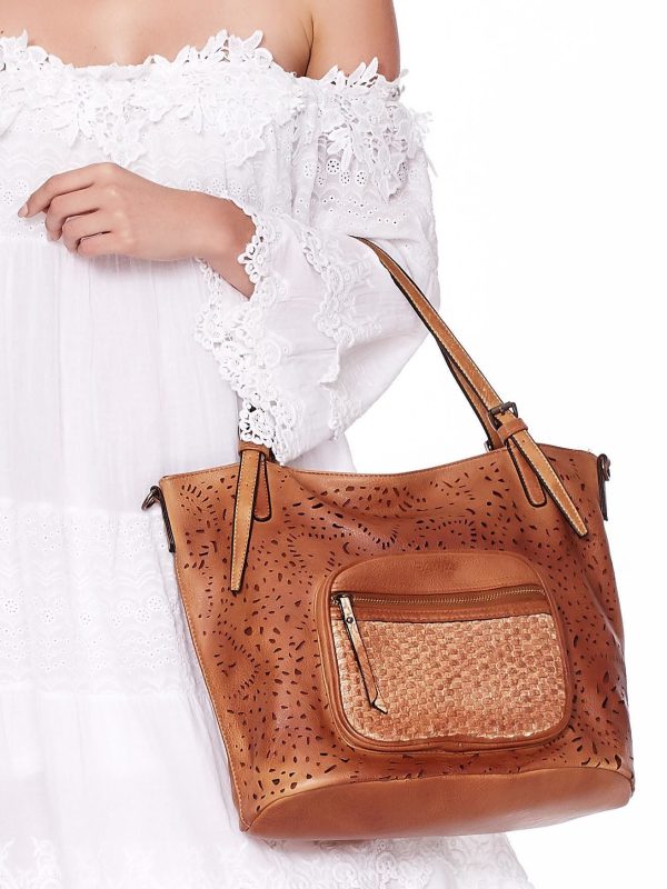 Wholesale Brown handbag with openwork and braid