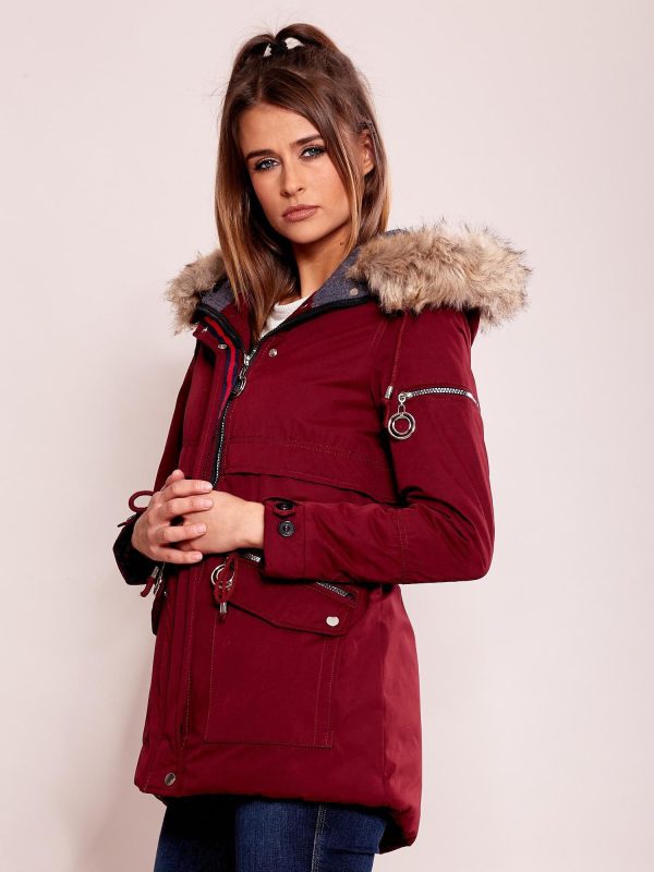 Wholesale Burgundy padded women's parka with hood