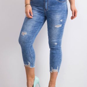 Wholesale Blue denim pants with plus size abrasions