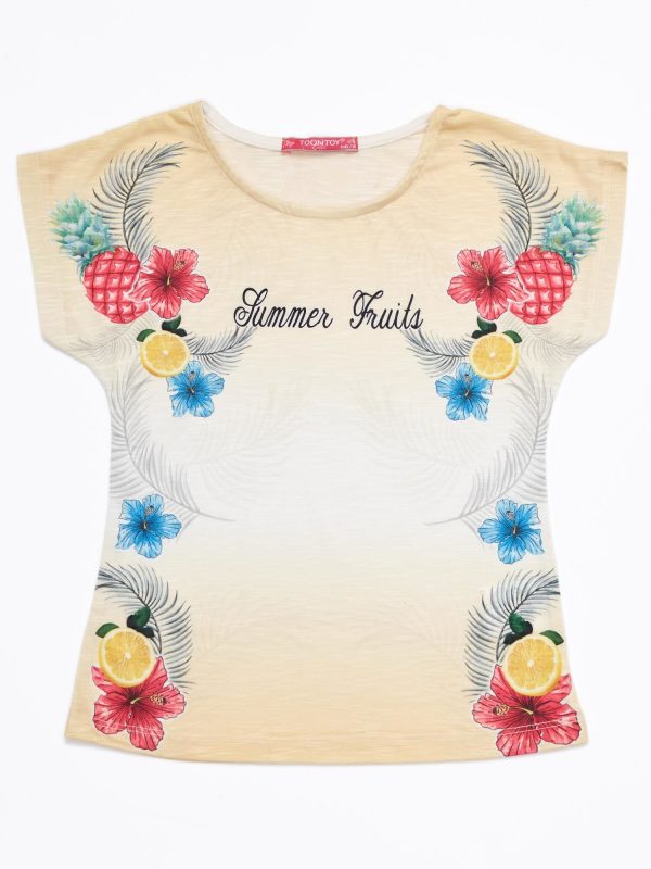 Wholesale Yellow ombre girls t-shirt with tropical print