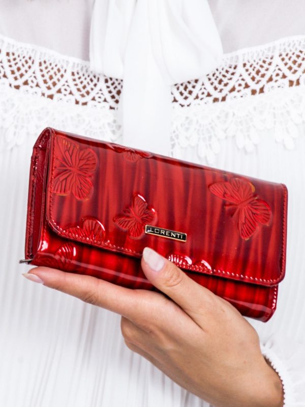 Wholesale Red lacquered wallet in gently embossed butterflies