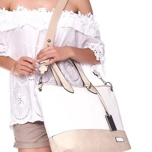 Wholesale White and beige eco leather shopper bag with detachable strap