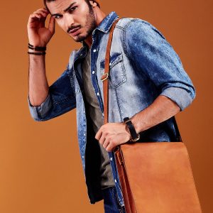 Wholesale Light Brown Longitudinal Leather Men's Bag