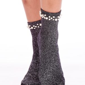 Wholesale FULLOFF Black socks with shiny thread and pearls