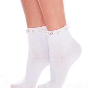 Wholesale FULLOFF White socks with shiny thread and pearls