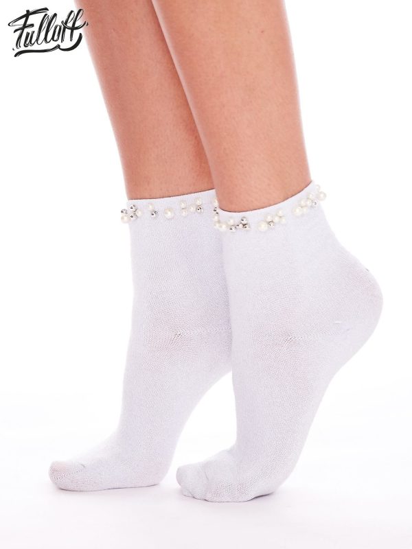 Wholesale FULLOFF White socks with shiny thread and pearls