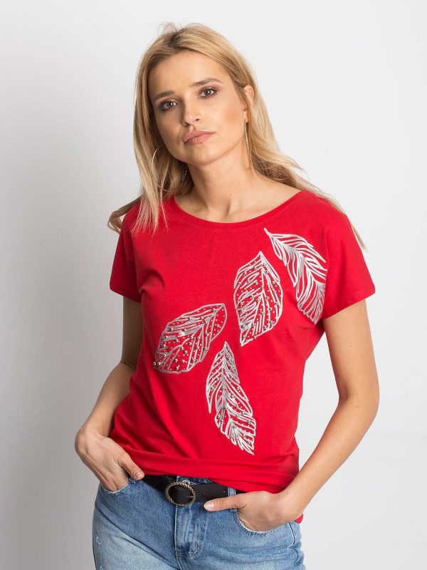 Wholesale Red t-shirt with floral motif and pearls