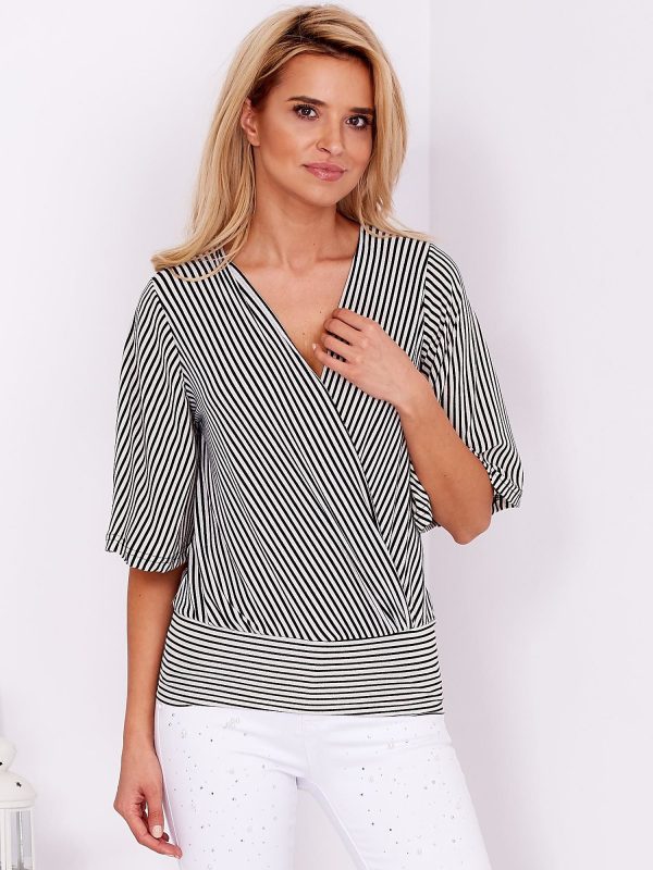 Wholesale Black striped blouse with wrap neckline