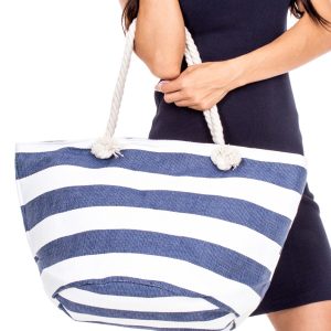 Wholesale White and navy blue striped basket bag