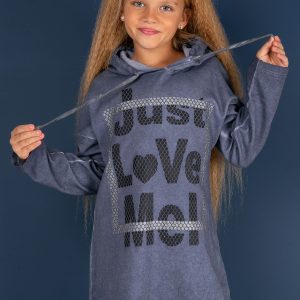 Wholesale Dark blue tunic for a girl with a hood and an inscription