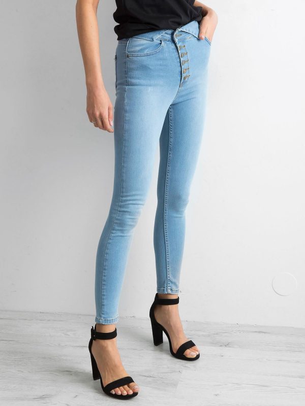 Wholesale Blue high waist jeans with asymmetrical clasp