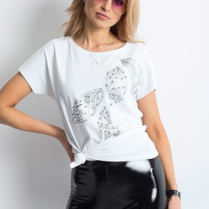 Wholesale White t-shirt with floral motif and pearls