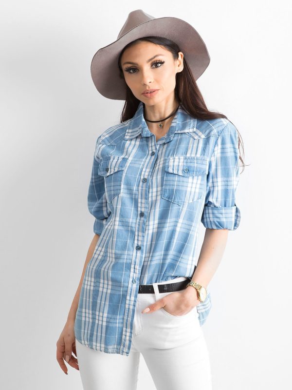 Wholesale Blue Checkered Shirt with Roll up Sleeves