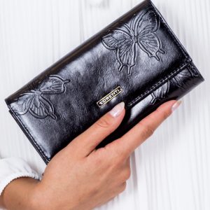 Wholesale Black Leather Wallet in Embossed Butterflies