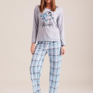 Wholesale Grey-light blue pajamas with checkered motif