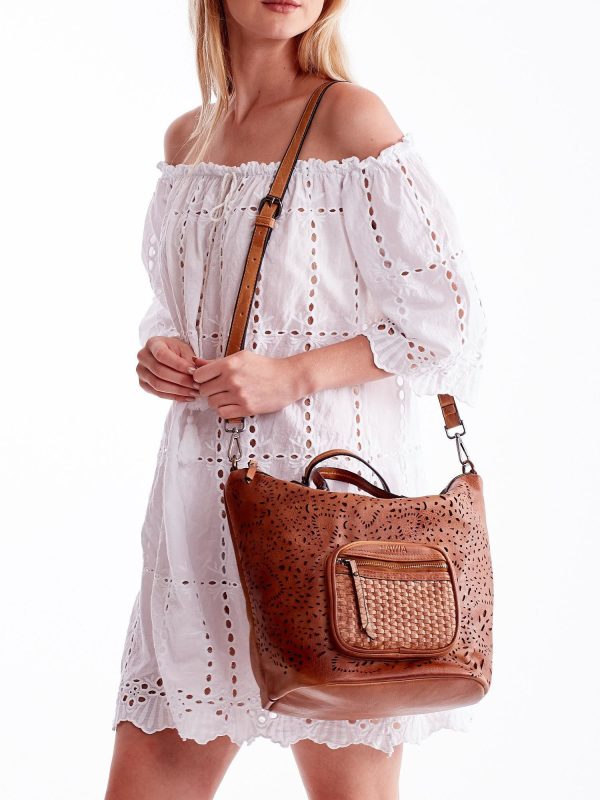 Wholesale Brown openwork bag with woven pocket