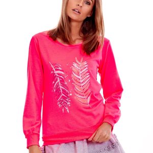 Wholesale Fluo Pink Lightweight Sweatshirt with Feather Print