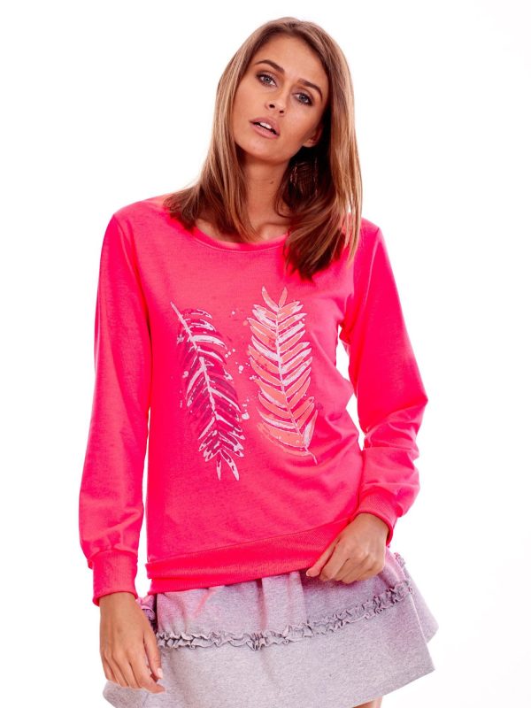 Wholesale Fluo Pink Lightweight Sweatshirt with Feather Print