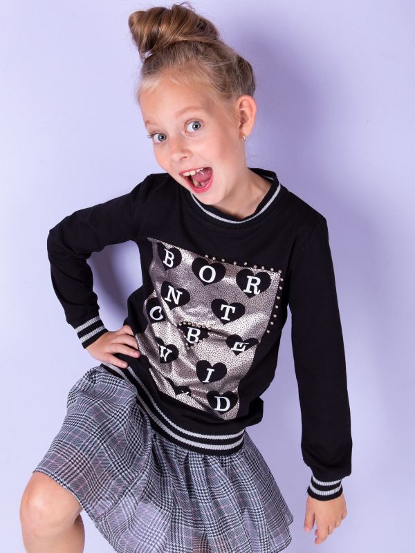 Wholesale Black sweatshirt for girl with print and pearls