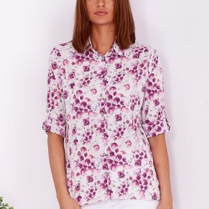 Wholesale Beige and purple floral shirt with roll-up sleeves