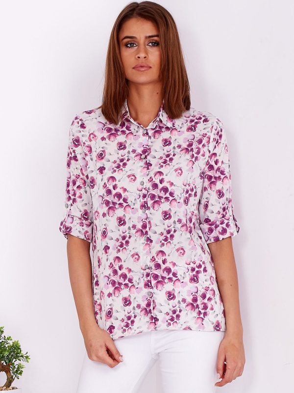Wholesale Beige and purple floral shirt with roll-up sleeves