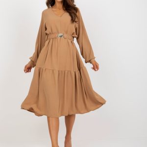 Wholesale Camel midi dress with ruffle and belt OCH BELLA