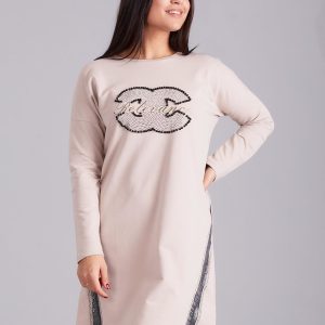 Wholesale Beige sweatshirt dress with rhinestones