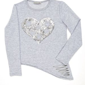 Wholesale Light grey asymmetrical girl blouse with sequin heart