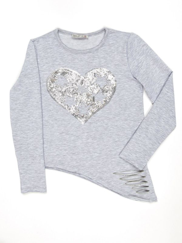 Wholesale Light grey asymmetrical girl blouse with sequin heart