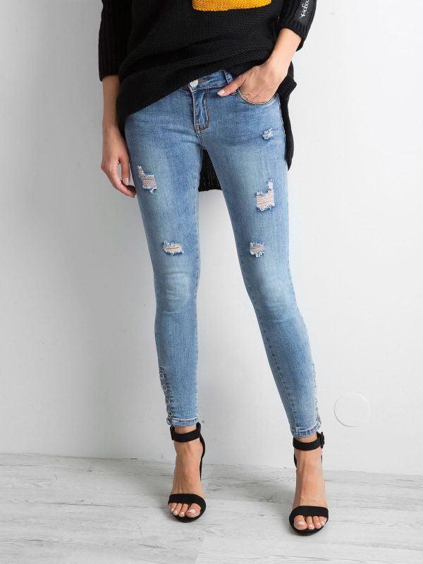 Wholesale Blue skinny jeans with abrasions