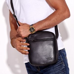 Wholesale Leather Black Men's Bag with Adjustable Strap