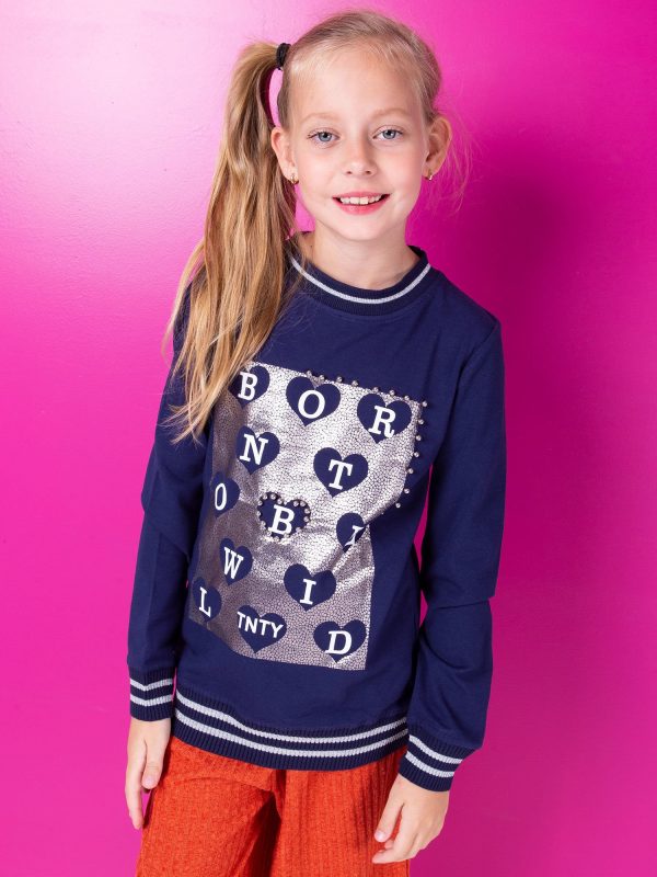 Wholesale Navy blue sweatshirt for girl with print and pearls