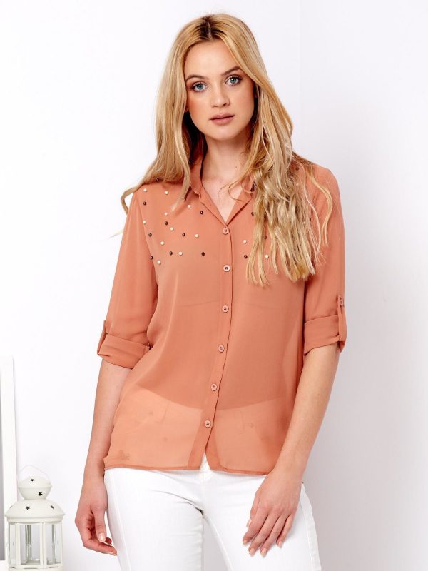Wholesale Brown chiffon shirt with pearls