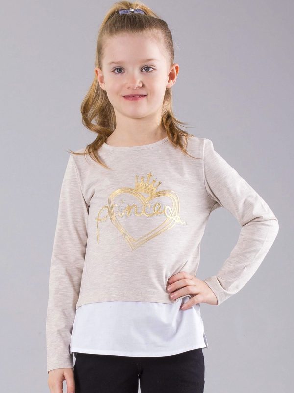 Wholesale Beige girl blouse with inscription and applique