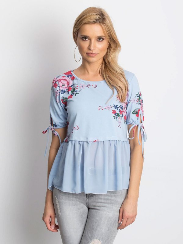 Wholesale Blue floral blouse with chiffon