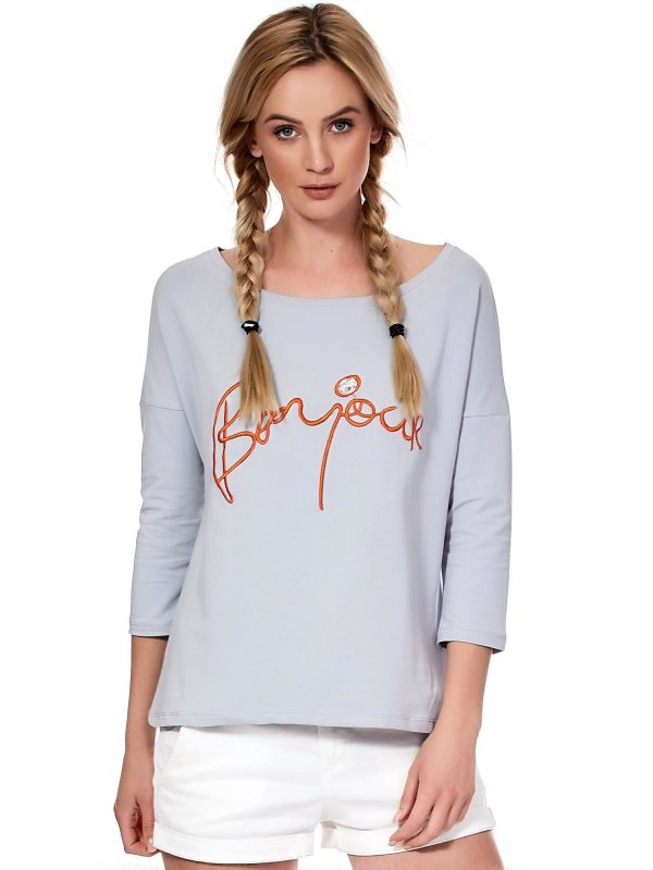 Wholesale Gray blouse with embroidered lettering