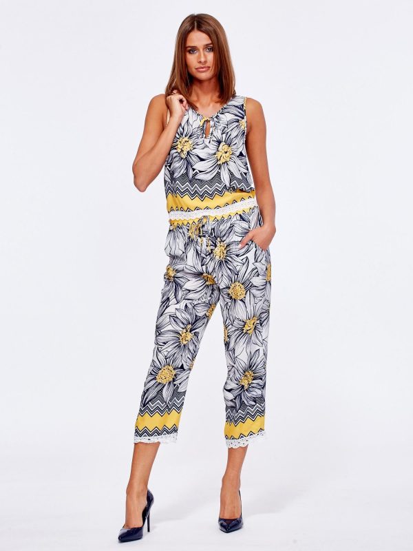Wholesale Navy blue and yellow patterned set top and trousers