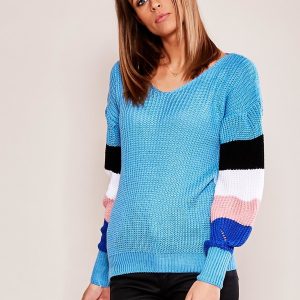 Wholesale Blue sweater with striped sleeves