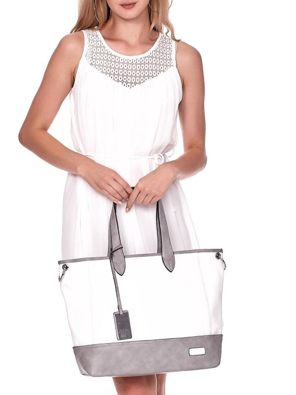 Wholesale White and grey eco leather shopper bag with detachable strap