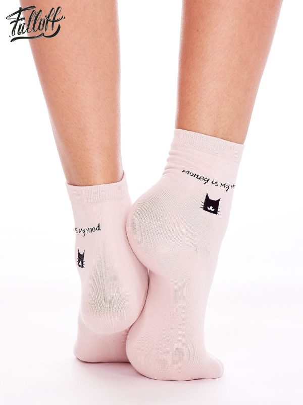 Wholesale FULLOFF Pink socks with lettering and cat