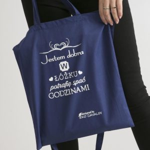 Wholesale Dark blue fabric bag I AM GOOD IN BED