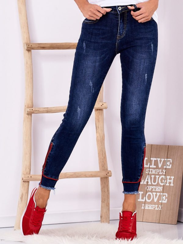 Wholesale Dark blue denim pants with zippers