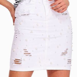 Wholesale White denim skirt with pearls