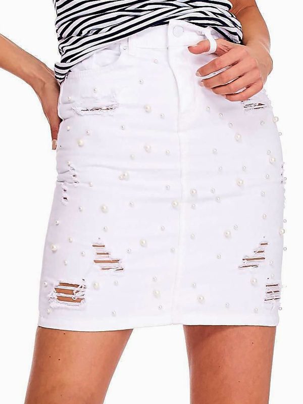 Wholesale White denim skirt with pearls